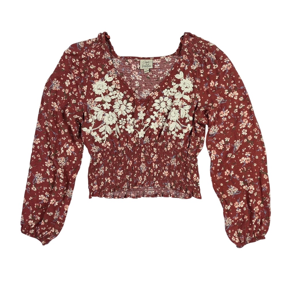 Oak & Trellis Burgundy Floral Smocked Crop Top Embroidered V-Neck Large
